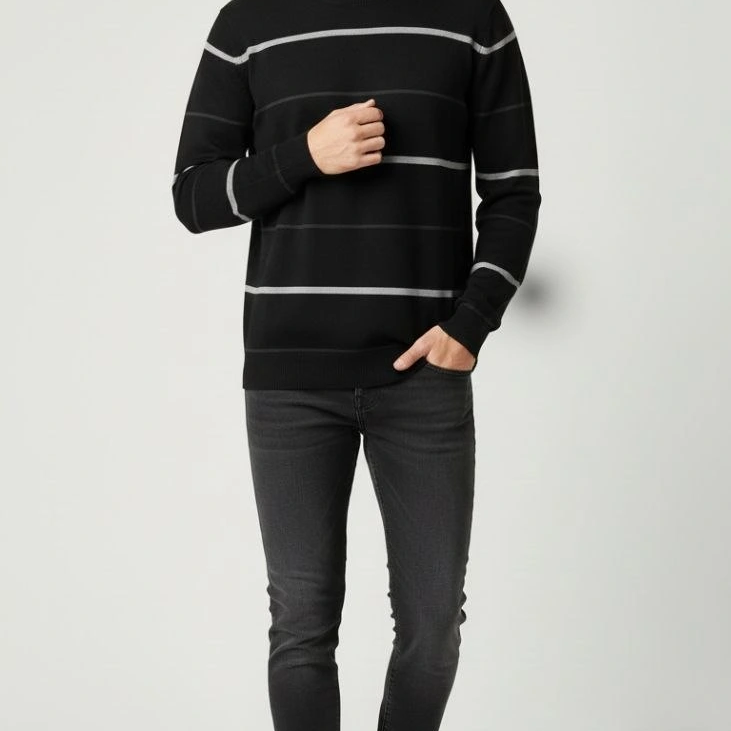 Bisiklet Yaka Cizgili Triko Kazak yumuşak dokulu Pamuklu ince Dokuma, uzun kollu Rahat Regular kalıp - Siyah