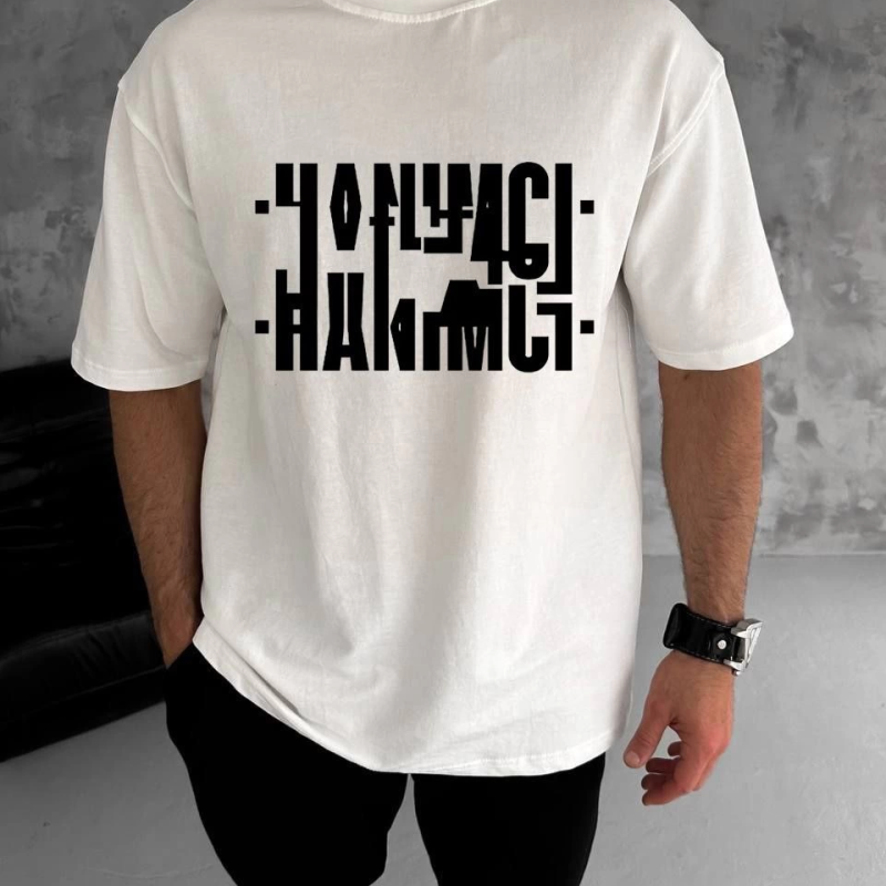 Bisiklet Yaka Katlanan Baskılı T-Shirt - Beyaz -
