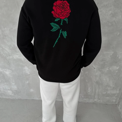 Bisiklet Yaka Ön Ve Arka Baskılı SweatShirt - Siyah -