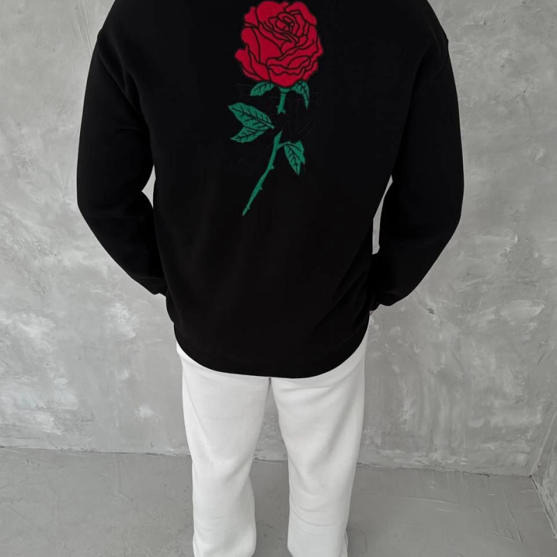 Bisiklet Yaka Ön Ve Arka Baskılı SweatShirt - Siyah -