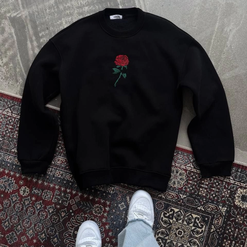 Bisiklet Yaka Ön Ve Arka Baskılı SweatShirt - Siyah -