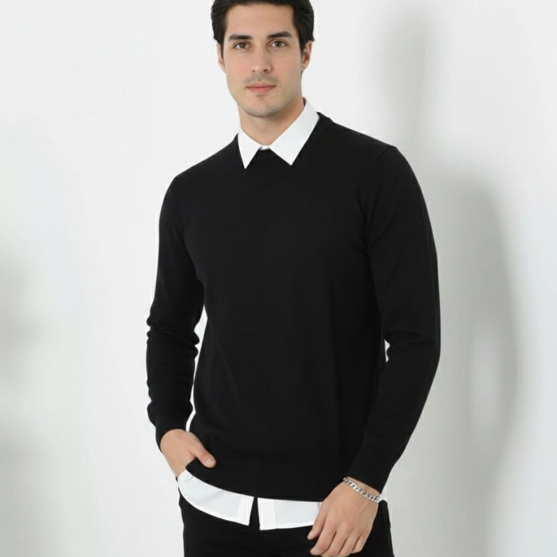 Bisiklet Yaka Triko Kazak yumuşak dokulu Pamuklu ince Dokuma, uzun kollu Rahat Regular kalıp - Siyah