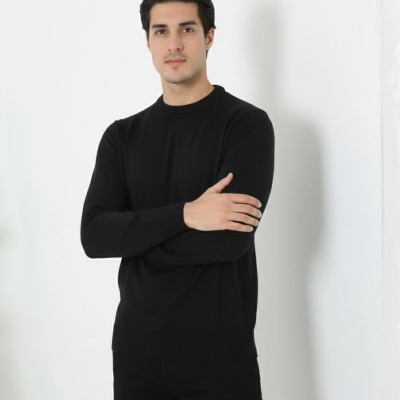 Bisiklet Yaka Triko Kazak yumuşak dokulu Pamuklu ince Dokuma, uzun kollu Rahat Regular kalıp - Siyah