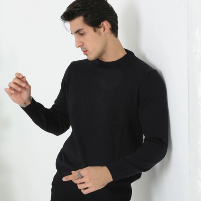 Bisiklet Yaka Triko Kazak yumuşak dokulu Pamuklu ince Dokuma, uzun kollu Rahat Regular kalıp - Siyah