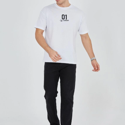 Bisiklet Yakalı Baskılı T-Shirt - Beyaz