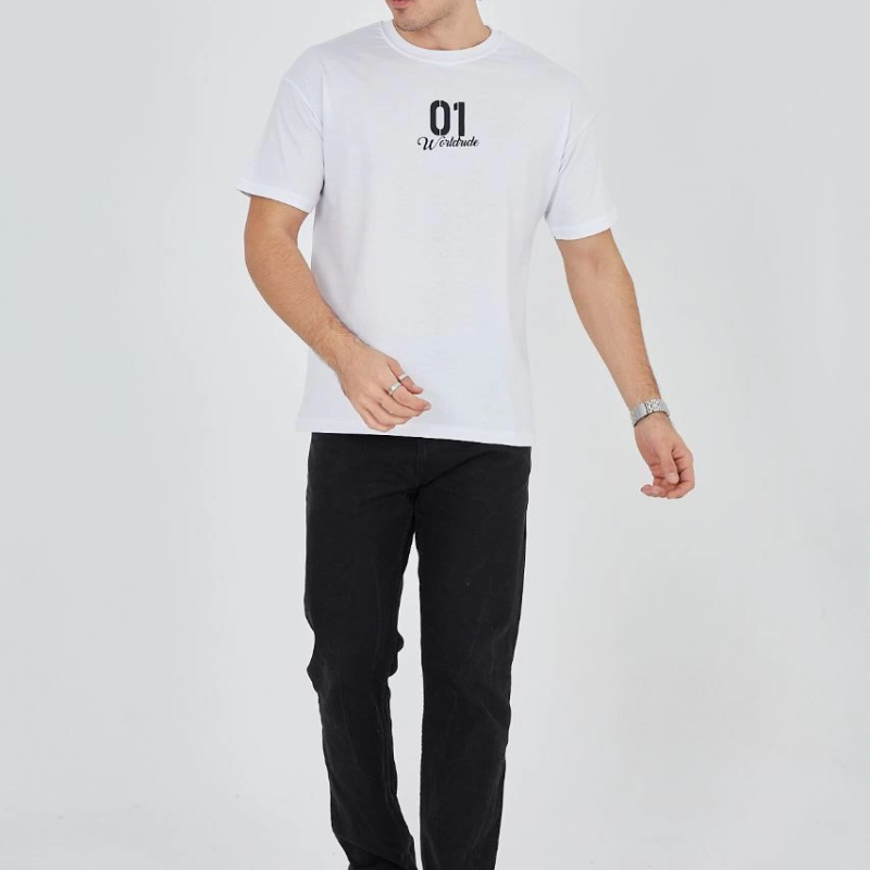 Bisiklet Yakalı Baskılı T-Shirt - Beyaz