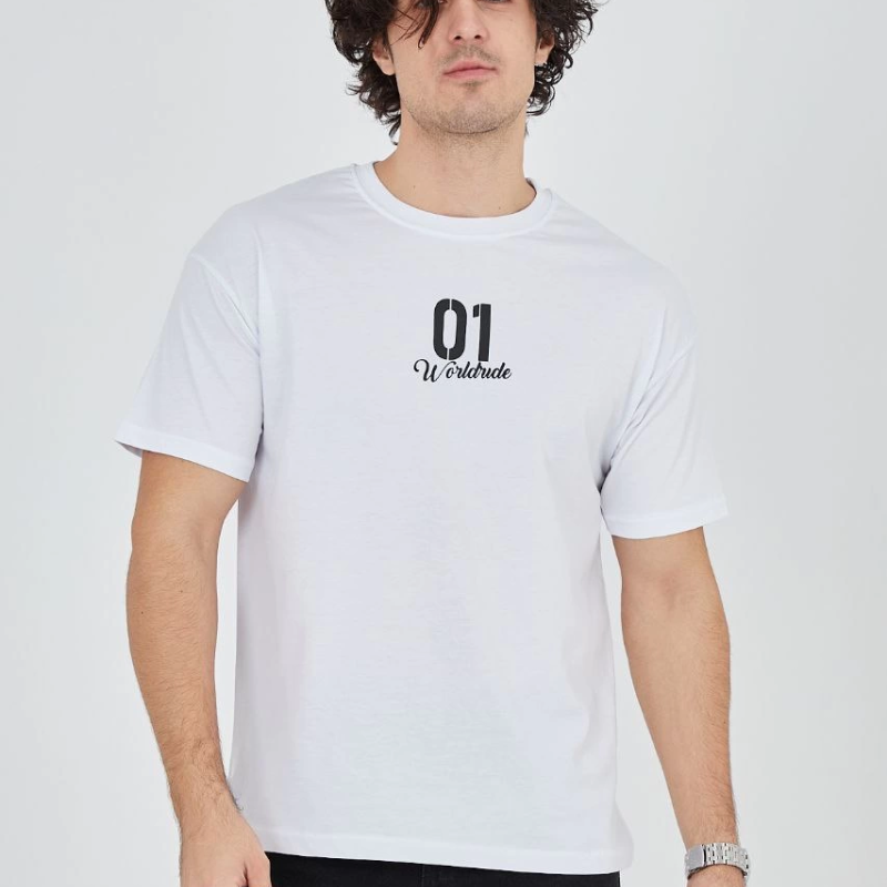 Bisiklet Yakalı Baskılı T-Shirt - Beyaz