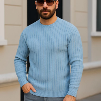 Bisiklet Yuvarlak Yaka Triko Kazak Pamuklu Kalın Fitilli Dokuma, Regular Fit Uzun Kollu Kışlık Model - Bebe Mavisi