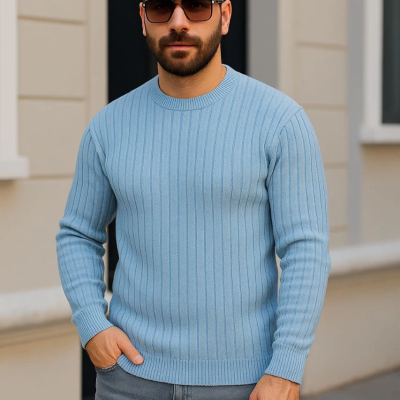 Bisiklet Yuvarlak Yaka Triko Kazak Pamuklu Kalın Fitilli Dokuma, Regular Fit Uzun Kollu Kışlık Model - Bebe Mavisi