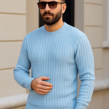 Bisiklet Yuvarlak Yaka Triko Kazak Pamuklu Kalın Fitilli Dokuma, Regular Fit Uzun Kollu Kışlık Model - Bebe Mavisi