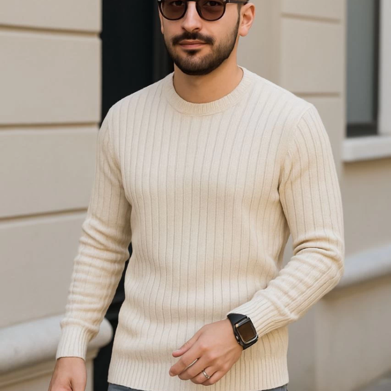 Bisiklet Yuvarlak Yaka Triko Kazak Pamuklu Kalın Fitilli Dokuma, Regular Fit Uzun Kollu Kışlık Model - Bej