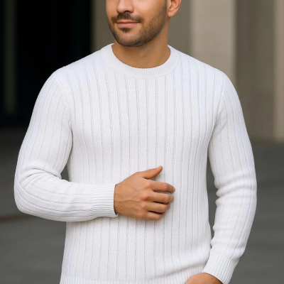 Bisiklet Yuvarlak Yaka Triko Kazak Pamuklu Kalın Fitilli Dokuma, Regular Fit Uzun Kollu Kışlık Model - Beyaz