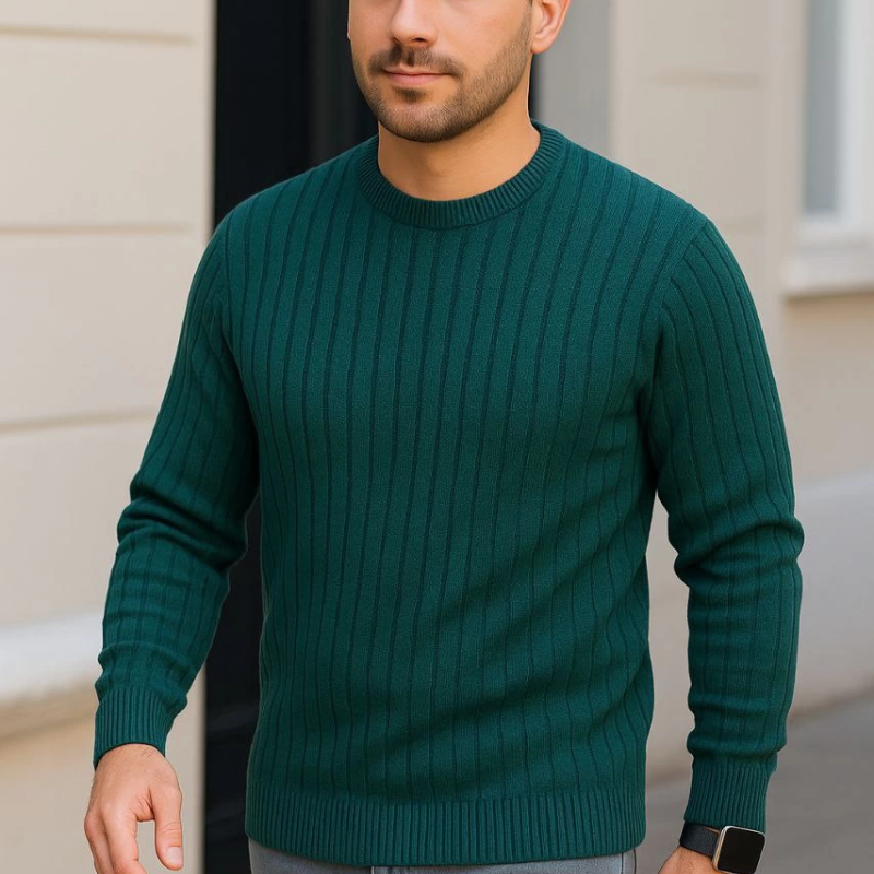 Bisiklet Yuvarlak Yaka Triko Kazak Pamuklu Kalın Fitilli Dokuma, Regular Fit Uzun Kollu Kışlık Model - Haki