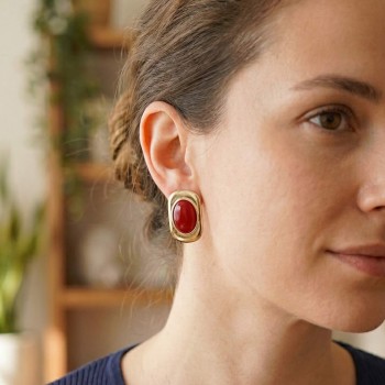 Bordo Renk Kare Model Vintage Kadın Küpe