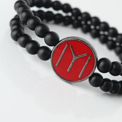 Bordo Renkli Metal Üzerine Füme Kayı Boyu Figürlü Siyah Renk Çift Sıra Doğal Taş Erkek Bileklik