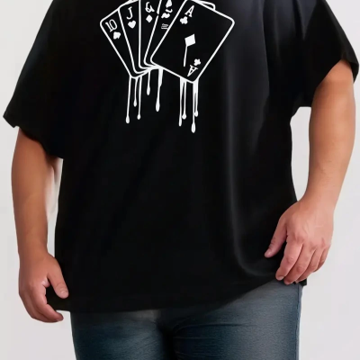 büyük beden Kart baskılı düz renk kısa kollu bisiklet yaka tişört gündelik giyim - Siyah -