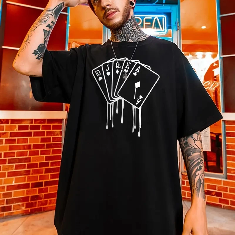 büyük beden Kart baskılı düz renk kısa kollu bisiklet yaka tişört gündelik giyim - Siyah -