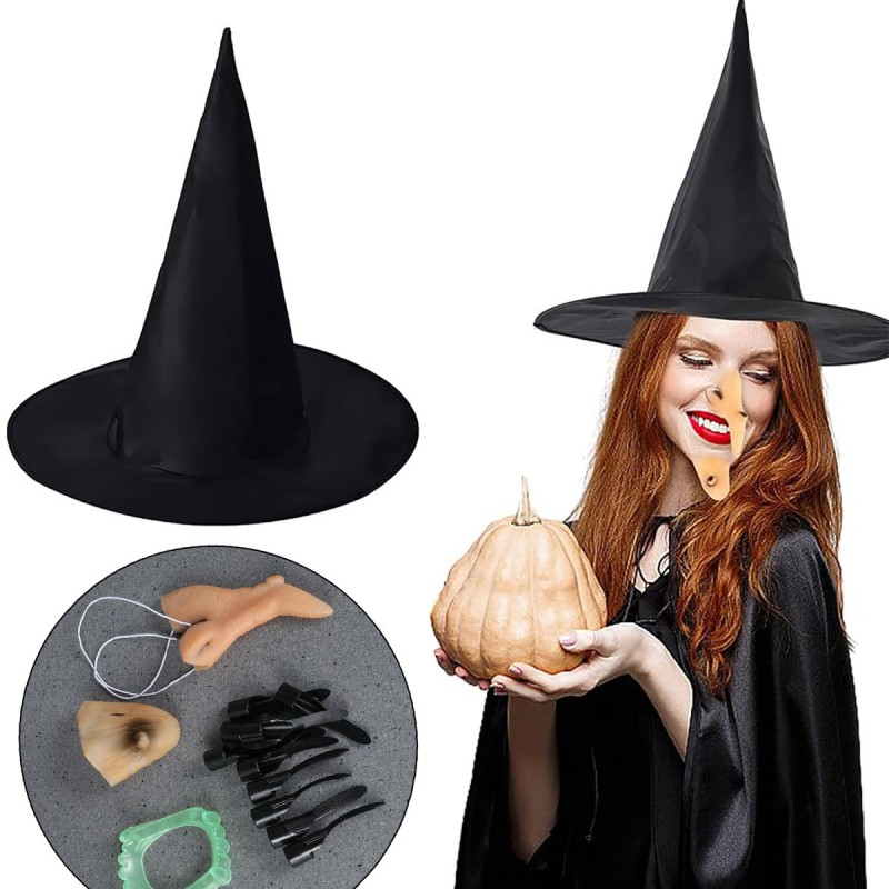 Cadı Kostüm Seti - Cadı Şapkası, Cadı Tırnakları, Cadı Burnu, Cadı Çenesi, Cadı Dişi