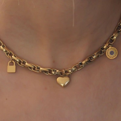 Çelik Gold Renk Kalın Zincir Model Kalp Figür Kadın Kolye