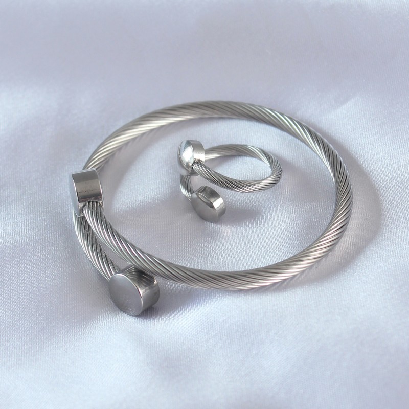 Çelik Gümüş Renk Sıkı Burgu Model Erkek Bileklik Yüzük Seti