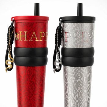 Charm Detaylı Pipetli Çift Katmanlı Vakumlu Termos Bardak 