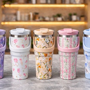 Çiçek Desenli 900 ml Taşıma Kulplu Paslanmaz Çelik Termos Mug Bardak