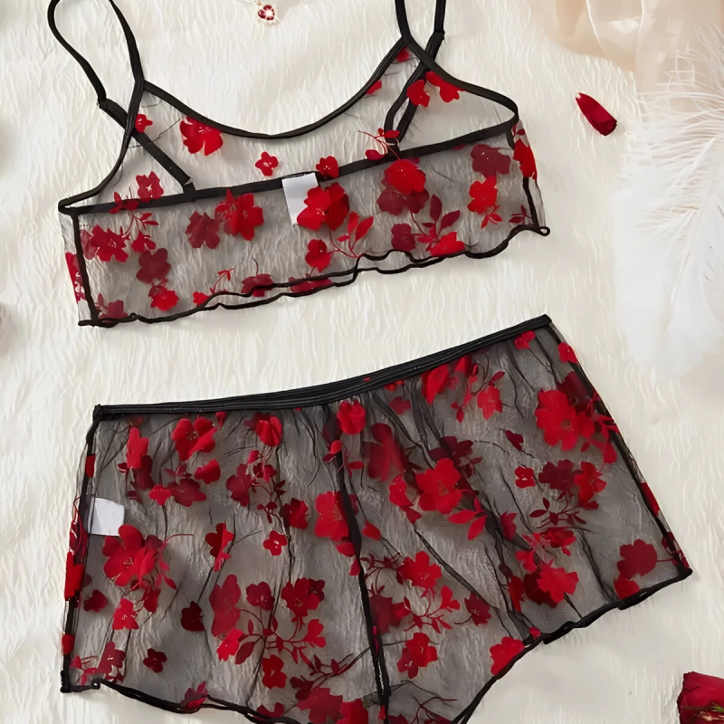 Çiçek Desenli Siyah Transparan Şortlu Gecelik TM1377