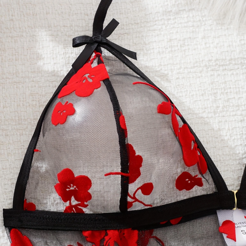 Çiçek Desenli Siyah Transparan Tül Gecelik TM1319