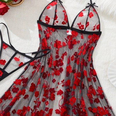 Çiçek Desenli Siyah Transparan Tül Gecelik TM1319