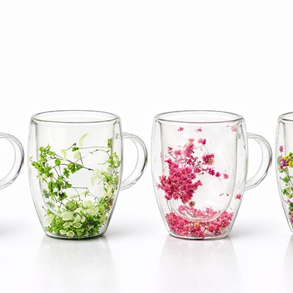 Çift Camlı Çiçekli Borosilikat Kupa Bardak - Model 2