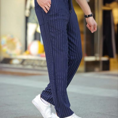 Cizgili Dokuma Krep Jogger Buggy Pantalon Rahat kalıp - Lacivert