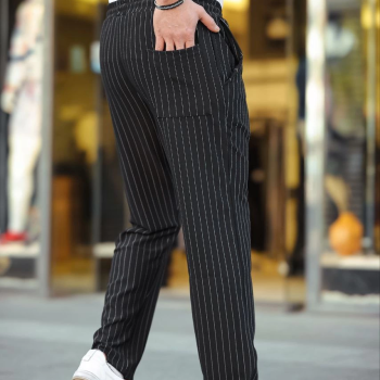 Cizgili Dokuma Krep Jogger Buggy Pantalon Rahat kalıp - Siyah