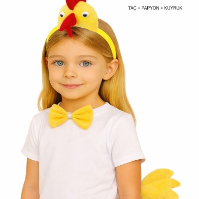 Çocuk Horoz Tavuk Kostüm Seti 3 Parça (Taç + Papyon + Kuyruk)