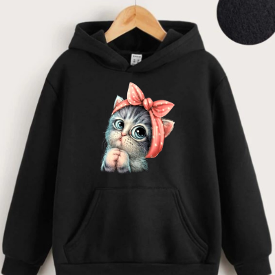 Çocuk   Kapüşonlu Tatlı Kedi Baskılı Sweatshirt - Siyah