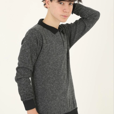 Çocuk Selanik Yaka Nakışlı Kazak - Gri