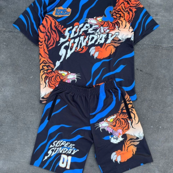 Dijital Baskılı Şortlu Takım - Mavi -