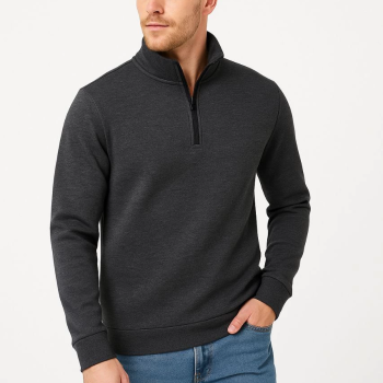 Dik Yaka Sweatshirt Dik Yaka Yarım Fermuarlı 3 İplik Şardonlu Pamuk Kumaş - Antrasit -