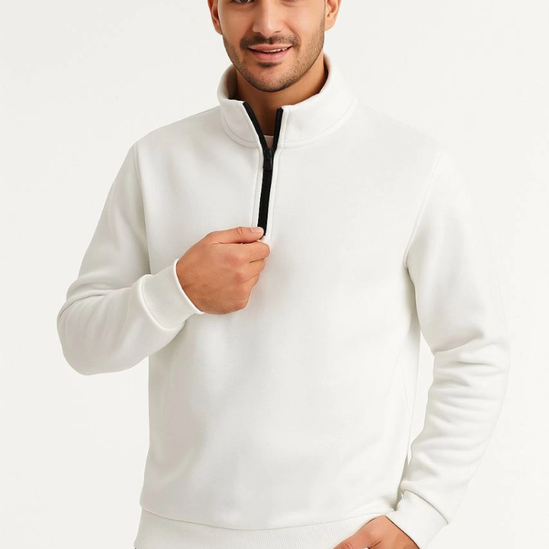 Dik Yaka Sweatshirt Dik Yaka Yarım Fermuarlı 3 İplik Şardonlu Pamuk Kumaş - Beyaz -