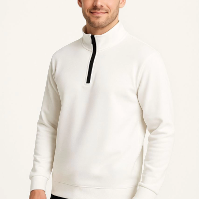 Dik Yaka Sweatshirt Dik Yaka Yarım Fermuarlı 3 İplik Şardonlu Pamuk Kumaş - Beyaz -