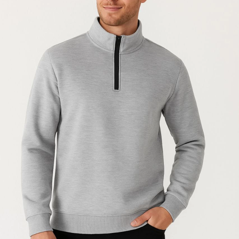 Dik Yaka Sweatshirt Dik Yaka Yarım Fermuarlı 3 İplik Şardonlu Pamuk Kumaş - Gri -