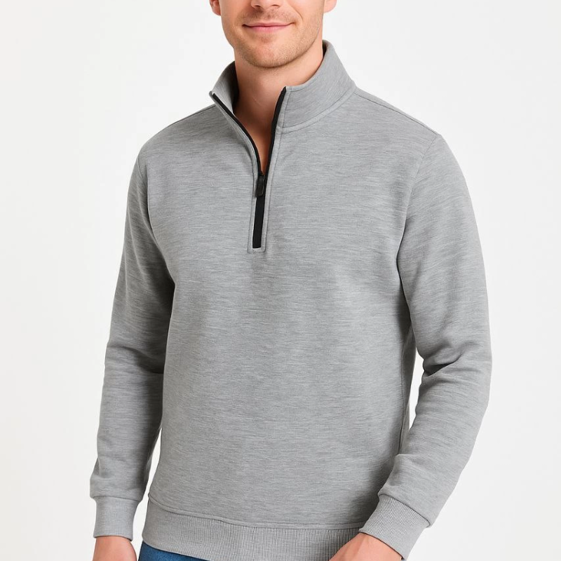 Dik Yaka Sweatshirt Dik Yaka Yarım Fermuarlı 3 İplik Şardonlu Pamuk Kumaş - Gri -