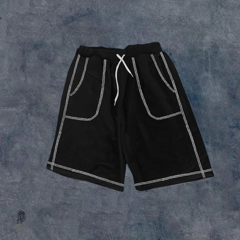 Dikişli Cepli Oversize Şort - Siyah -