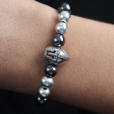 Doğal Taş Gladyatör Model Gümüş Ve Füme Renk Asansörlü Erkek Bileklik