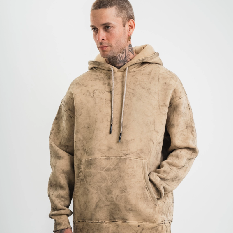 Double Oversize Kapşonlu Yıkamalı SweatShirt - Bej -