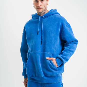 Double Oversize Kapşonlu Yıkamalı SweatShirt - Mavi -