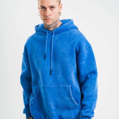 Double Oversize Kapşonlu Yıkamalı SweatShirt - Mavi -