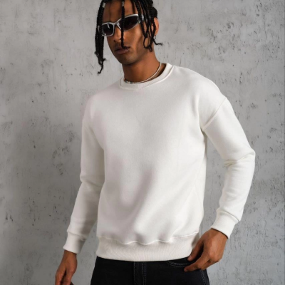 Düz Bisiklet Yaka Sweat - Beyaz
