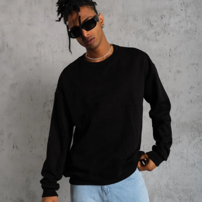 Düz Bisiklet Yaka Sweat - Siyah -