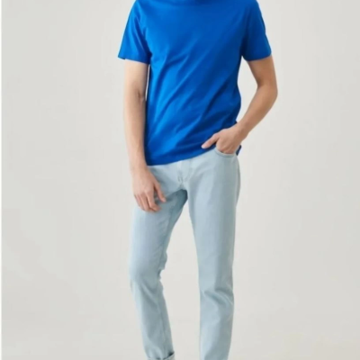 Düz Biskilet Yaka Oversize T-shirt - Mavi -