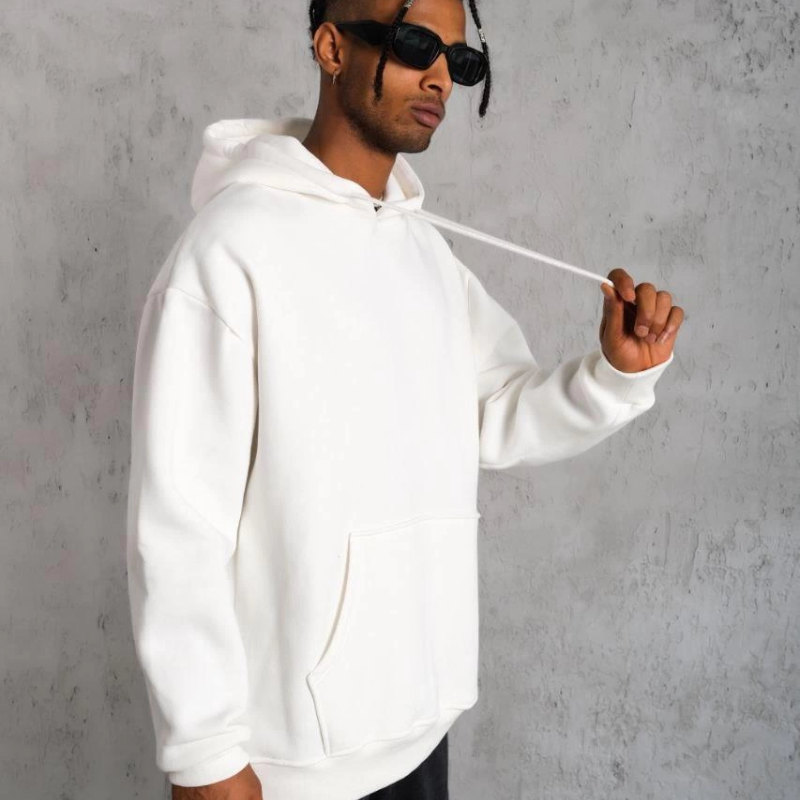 Düz Kapüşonlu Sweat - Beyaz -